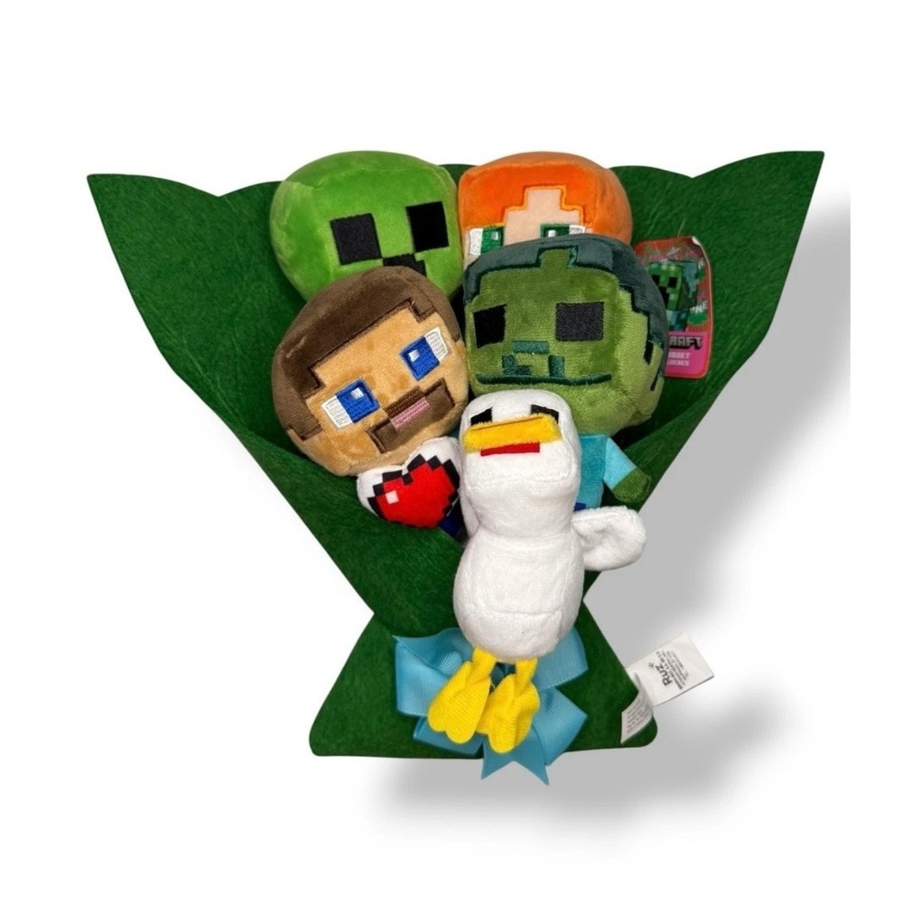 Minecraft 5 Pc Plush Bouquet Steve Alex Creeper Zombie Chicken Mojang Ruz NEW